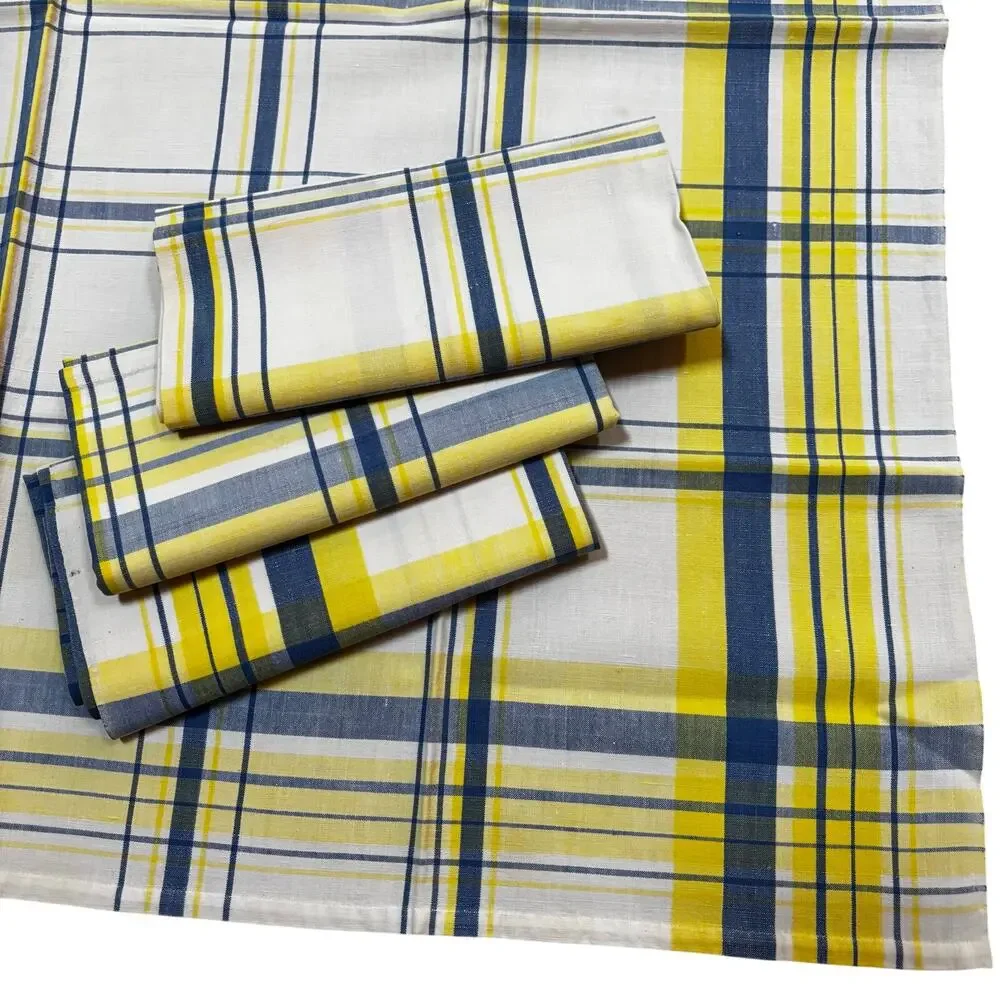 Cloth napkins set of 4 large squares cream blue yellow plaid print on cotton